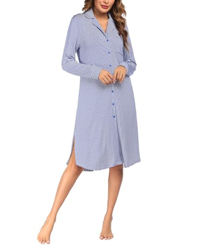 Nanxson Nachthemd Damen Langarm Schlafshirt V-Ausschnitt Nachtwäsche Knopfleiste Schlafhemd (XL,Blau Gestreift) von Nanxson