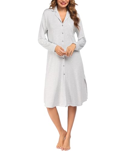 Nanxson Nachthemd Damen Langarm Schlafshirt V-Ausschnitt Nachtwäsche Knopfleiste Schlafhemd (XL,Hell Grau Gestreift) von Nanxson