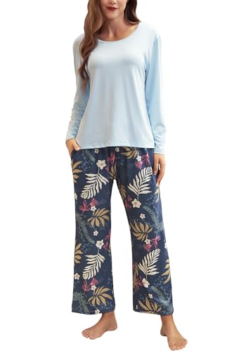 Nanxson Schlafanzug Damen Lang Pyjama Set Herbst Winter Zweiteiliger Nachtwäsche Soft Loungewear Hausanzug mit Gedruckt Hose (M,Blau Blatt) von Nanxson