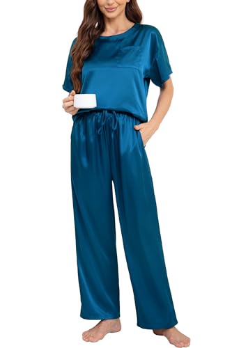Nanxson Schlafanzug Damen Lang Zweiteiler Pyjama Satin Hausanzug Kurzarm Pyjama Set (L,Dunkel Blau) von Nanxson