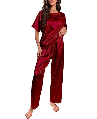 Nanxson Schlafanzug Damen Lang Zweiteiler Pyjama Satin Hausanzug Kurzarm Pyjama Set (L,Dunkel Rot) von Nanxson