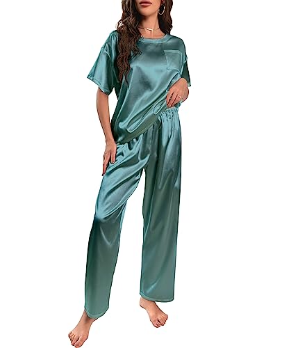 Nanxson Schlafanzug Damen Lang Zweiteiler Pyjama Satin Hausanzug Kurzarm Pyjama Set (L,Hell Grün) von Nanxson