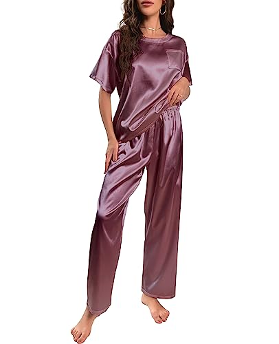 Nanxson Schlafanzug Damen Lang Zweiteiler Pyjama Satin Hausanzug Kurzarm Pyjama Set (L,Lila) von Nanxson