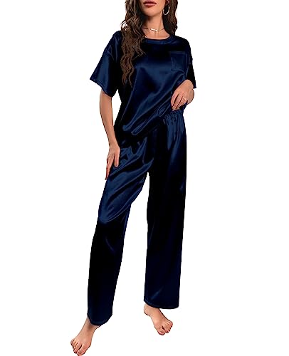 Nanxson Schlafanzug Damen Lang Zweiteiler Pyjama Satin Hausanzug Kurzarm Pyjama Set (L,Navy) von Nanxson