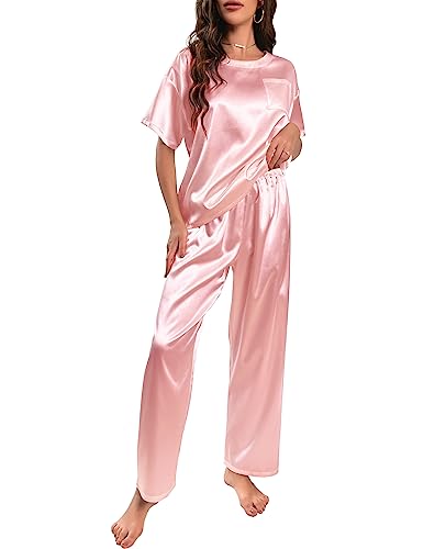 Nanxson Schlafanzug Damen Lang Zweiteiler Pyjama Satin Hausanzug Kurzarm Pyjama Set (L,Rosa) von Nanxson