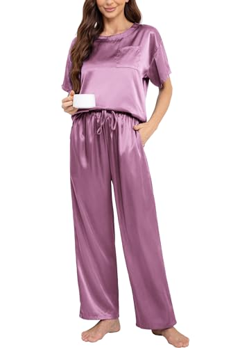 Nanxson Schlafanzug Damen Lang Zweiteiler Pyjama Satin Hausanzug Kurzarm Pyjama Set (M,Lila) von Nanxson