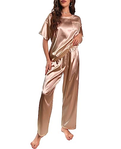 Nanxson Schlafanzug Damen Lang Zweiteiler Pyjama Satin Hausanzug Kurzarm Pyjama Set (S,Khaki) von Nanxson