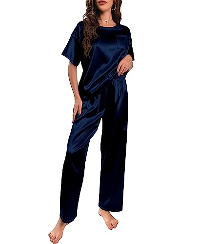 Nanxson Schlafanzug Damen Lang Zweiteiler Pyjama Satin Hausanzug Kurzarm Pyjama Set (S,Navy) von Nanxson