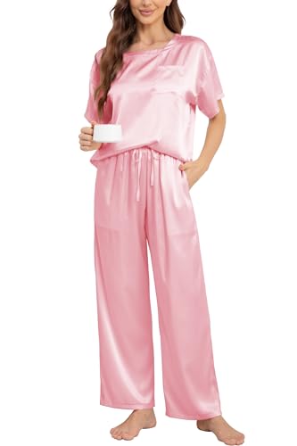 Nanxson Schlafanzug Damen Lang Zweiteiler Pyjama Satin Hausanzug Kurzarm Pyjama Set (S,Rosa) von Nanxson