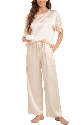 Nanxson Schlafanzug Damen Lang Zweiteiler Pyjama Satin Hausanzug Kurzarm Pyjama Set (XL,Champagner) von Nanxson