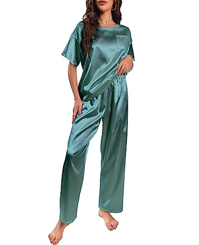 Nanxson Schlafanzug Damen Lang Zweiteiler Pyjama Satin Hausanzug Kurzarm Pyjama Set (XL,Hell Grün) von Nanxson