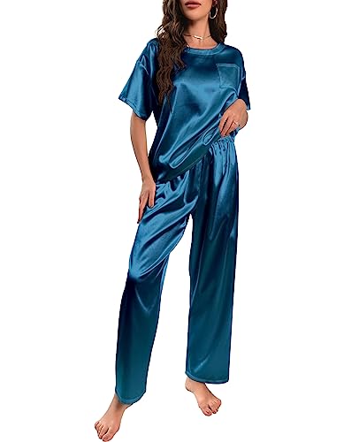 Nanxson Schlafanzug Damen Lang Zweiteiler Pyjama Satin Hausanzug Kurzarm Pyjama Set (XXL,Dunkel Blau) von Nanxson