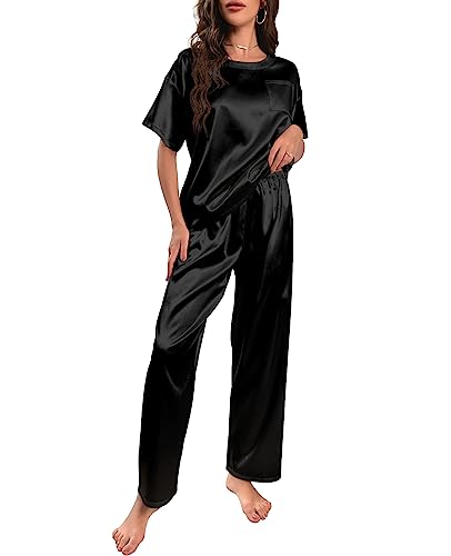 Nanxson Schlafanzug Damen Lang Zweiteiler Pyjama Satin Hausanzug Kurzarm Pyjama Set (XXL,Schwarz) von Nanxson