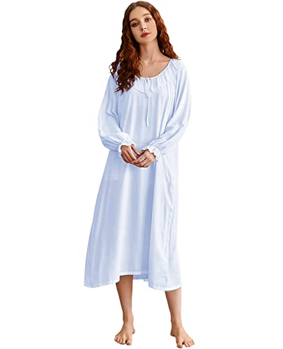 Nanxson Viktorianisch Nachthemden für Damen Langarm Nachthemd Leichte Nachtwäsche Langes Schlafanzug (XL,Blau) von Nanxson