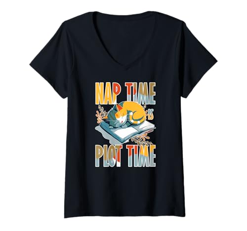 Damen Nap time is plot time T-Shirt mit V-Ausschnitt Damen Nap time is plot time T-Shirt mit V-Ausschnitt von Nap Story Reading Time Plot Open Naps Cat Kitty