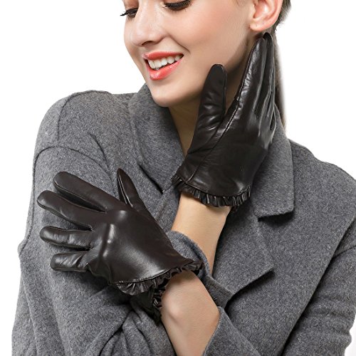 Nappaglo Damen Handschuhe aus echtem Nappaleder Touchscreen Winter Warm Handschuhe mit Dekorativen Handgelenk (M (Umfang der Handfläche:17.8-19.0cm), Dunkelbraun(Touchscreen)) von Nappaglo