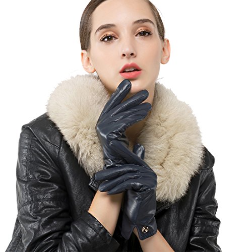 Nappaglo Damen Italienisches Lammfell Leder Handschuhe Touchscreen Winter Warm Langes Fleecefutter Handschuhe (L (Umfang der Handfläche:19.0-20.3cm), Dunkelmarineblau(Touchscreen)) von Nappaglo