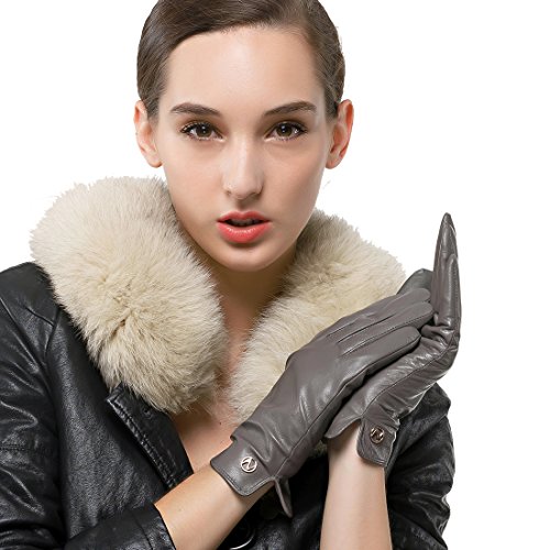 Nappaglo Damen Italienisches Lammfell Leder Handschuhe Touchscreen Winter Warm Langes Fleecefutter Handschuhe (M (Umfang der Handfläche:17.8-19.0cm), Grau(Non-Touchscreen)) von Nappaglo
