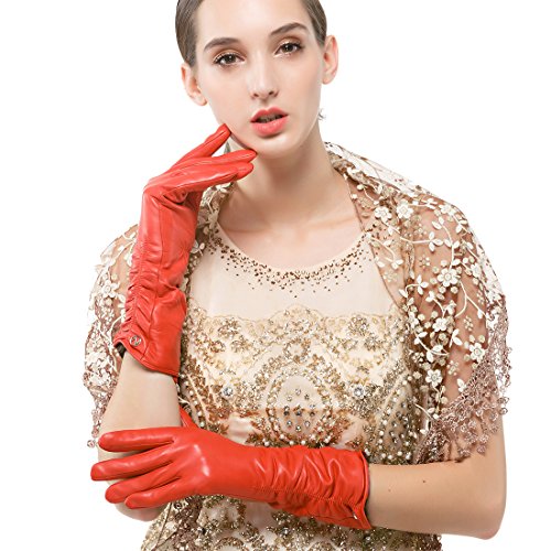 Nappaglo Damen Italienisches Lammfell Leder Handschuhe Winter Warm Langes Fleecefutter Handschuhe (M (Umfang der Handfläche:17.8-19.0cm), Rot(Non-Touchscreen)) von Nappaglo