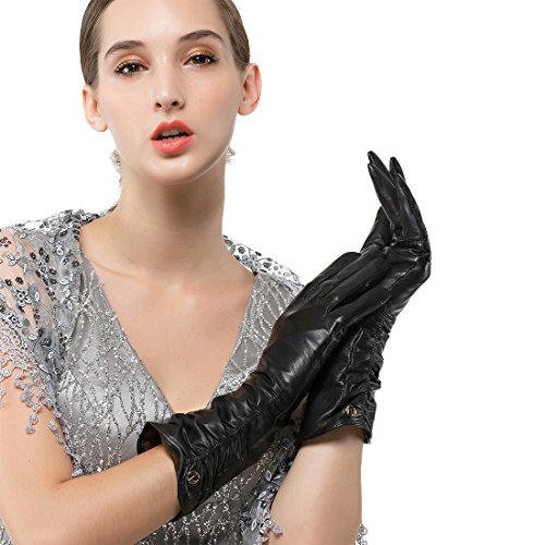 Nappaglo Damen Italienisches Lammfell Leder Handschuhe Winter Warm Langes Fleecefutter Handschuhe (S (Umfang der Handfläche:16.5-17.8cm), Schwarz(Non-Touchscreen)) von Nappaglo