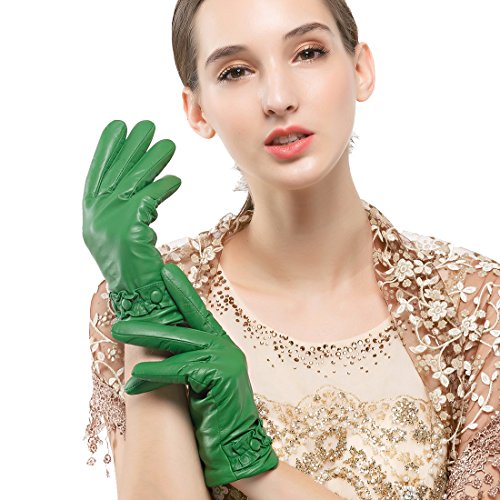 Nappaglo Damen Italienisches Nappaleder Handschuhe Touchscreen Warm Handschuhe mit Dekorativen Handgelenk (XXL (Umfang der Handfläche:21.6-22.8cm), Grün(Non-Touchscreen)) von Nappaglo