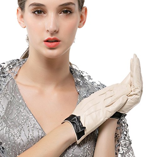 Nappaglo Damen Lammfell Leder Handschuhe Touchscreen Winter WarmHandschuhe mit DekorativenBownots (M (Umfang der Handfläche:17.8-19.0cm), Weiß(Non-Touchscreen)) von Nappaglo