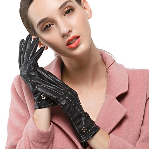 Nappaglo Damen Lammfell Leder Handschuhe klassische Langes Fleecefutter Winter Touchscreen Handschuhe (S (Umfang der Handfläche:16.5-17.8cm), Schwarz(Touchscreen)) von Nappaglo