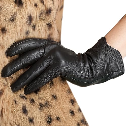 Nappaglo Damen Lederhandschuhe Winter Touchscreen Lammfell Elegant Echtleder Warm Handschuhe Outdoor, schwarz, L von Nappaglo