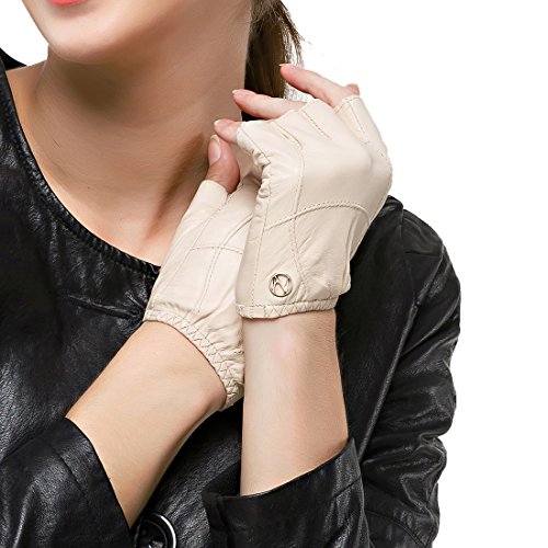 Nappaglo Damen Lederhandschuhe für fahren Halbfinger fingerlose Lammfell Leder Fitness Outdoor kurz ungefüttert Handschuhe (L (Umfang der Handfläche:19.0-20.3cm), Beige) von Nappaglo