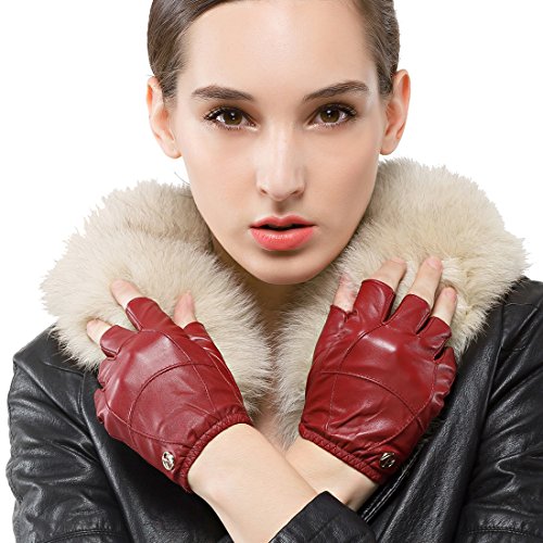 Nappaglo Damen Lederhandschuhe für fahren Halbfinger fingerlose Lammfell Leder Fitness Outdoor kurz ungefüttert Handschuhe (S (Umfang der Handfläche:16.5-17.8cm), Winerote) von Nappaglo