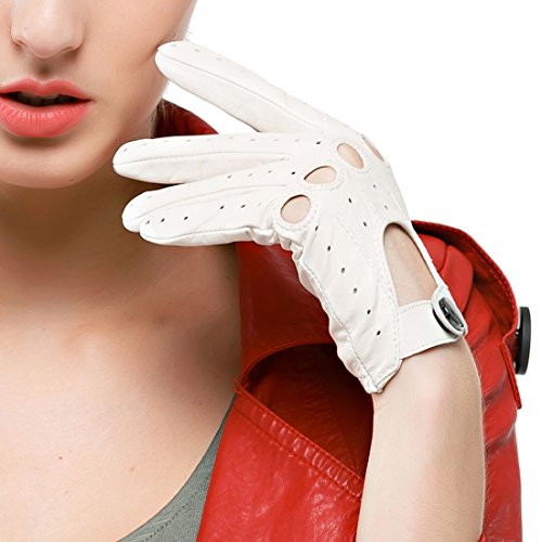 Nappaglo Damen Lederhandschuhe für fahren Touchscreen klassische Lammfell Vollfinger Motorrad Ungefüttert Handschuhe (L (Umfang der Handfläche:19.0-20.3cm), Weiße(Non-Touchscreen)) von Nappaglo