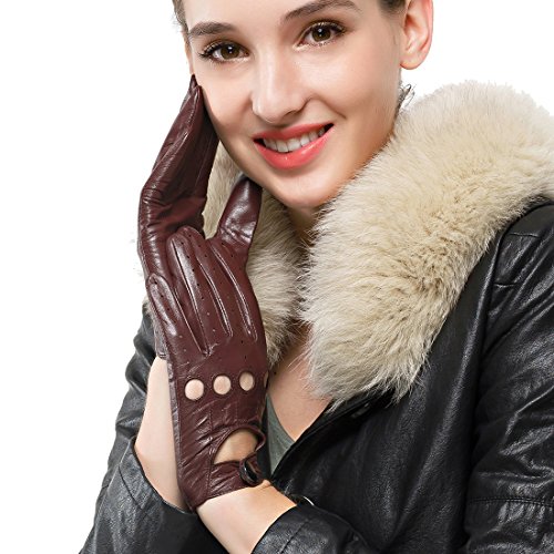 Nappaglo Damen Lederhandschuhe für fahren Touchscreen klassische Lammfell Vollfinger Motorrad Ungefüttert Handschuhe (M (Umfang der Handfläche:17.8-19.0cm), Dunkelbraun(Non-Touchscreen)) von Nappaglo