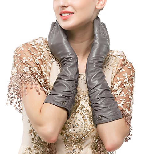 Nappaglo Damen Winter Lange Leder Handschuhe aus echtem Nappaleder Touchscreen Party Fausthandschuhe (L (Umfang der Handfläche:19.0-20.3cm), Grau(Non-Touchscreen)) von Nappaglo