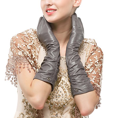Nappaglo Damen Winter Lange Leder Handschuhe aus echtem Nappaleder Touchscreen Party Fausthandschuhe (XL (Umfang der Handfläche:20.3-21.6cm), Grau(Non-Touchscreen)) von Nappaglo