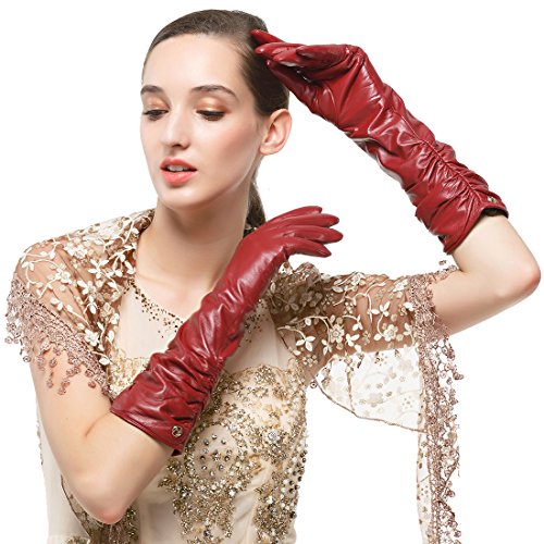 Nappaglo Damen Winter Lange Leder Handschuhe aus echtem Nappaleder Touchscreen Party Fausthandschuhe (XL (Umfang der Handfläche:20.3-21.6cm), Winerot(Non-Touchscreen)) von Nappaglo