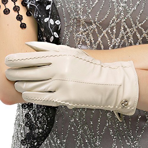 Nappaglo Damen klassische Handschuhe aus echtem Nappaleder Reines Kaschmir-Futter Winter Warm Handschuhe (M (Umfang der Handfläche:17.8-19.0cm), Cremig weiß(Non-Touchscreen)) von Nappaglo