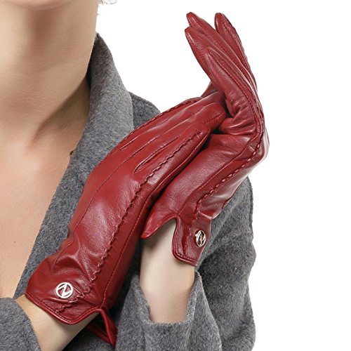 Nappaglo Damen klassische Handschuhe aus echtem Nappaleder Reines Kaschmir-Futter Winter Warm Handschuhe (XXL (Umfang der Handfläche:21.6-22.8cm), Winerot(Non-Touchscreen)) von Nappaglo