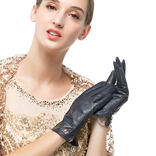 Nappaglo Damen klassische Handschuhe aus echtem Nappaleder Reines Kaschmir-Futter Winter Warm Handschuhe (XXL (Umfang der Handfläche:21.6-22.8cm), Dunkelmarineblau(Touchscreen)) von Nappaglo