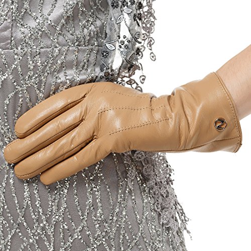 Nappaglo Damen klassische Lederhandschuhe Touchscreen Italienisches Lammfell Winter Warm Reines Kaschmir-Futter Handschuhe (M (Umfang der Handfläche:17.8-19.0cm), Kamelhaarfarbe(Non-Touchscreen)) von Nappaglo