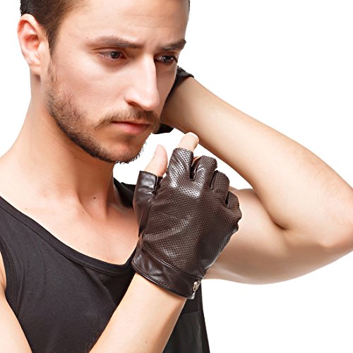 Nappaglo Herren Fingerlose Lederhandschuhe Lammfell Halbfinger für fahren Radfahren Outdoor Ungefüttert Handschuhe (XL (Umfang der Handfläche:22.8-24.1cm), Braun) von Nappaglo
