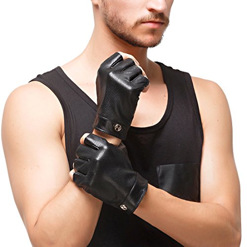 Nappaglo Herren Fingerlose Lederhandschuhe Lammfell Halbfinger für fahren Radfahren Outdoor Ungefüttert Handschuhe (XL (Umfang der Handfläche:22.8-24.1cm), Schwarz) von Nappaglo