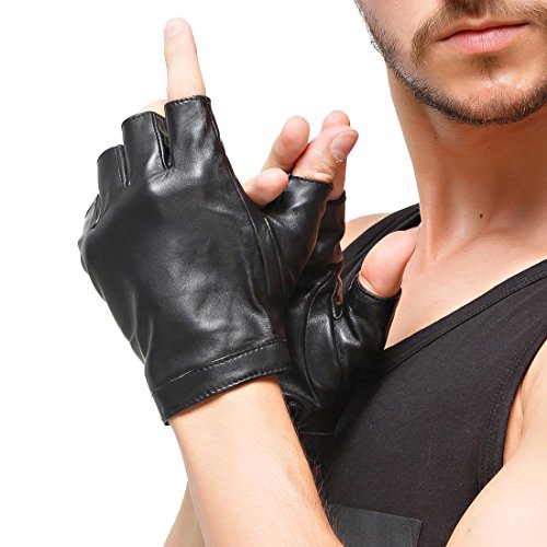 Nappaglo Herren Fingerlose Lederhandschuhe Lammfell Weiches Seidenfutter Halbfinger für fahren Radfahren Outdoor Handschuhe, Schwarz, XXL von Nappaglo