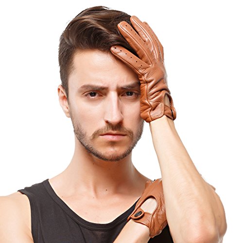 Nappaglo Herren Hirschleder Touchscreen Handschuhe Lederhandschuhe für fahren Motorrad Radfahren Ungefüttert Handschuhe (L (Umfang der Handfläche:21.6-22.8cm), Braun(Touchscreen)) von Nappaglo