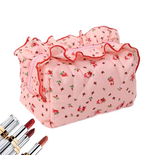 Gepolsterte Kosmetiktasche, gesteppt, Reise-Make-up-Tasche mit Rüschen, tragbare Kosmetiktasche, ästhetische Geldbörse mit Reißverschluss für Mädchen und Frauen, Rosa, Consulte la descripción, Siehe von Naqqios
