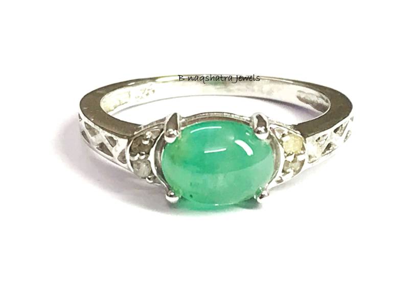 Cabochon Smaragd Ring Sterling Silber, Diamant Akzent, Mai Geburtsstein von NaqshByShradha