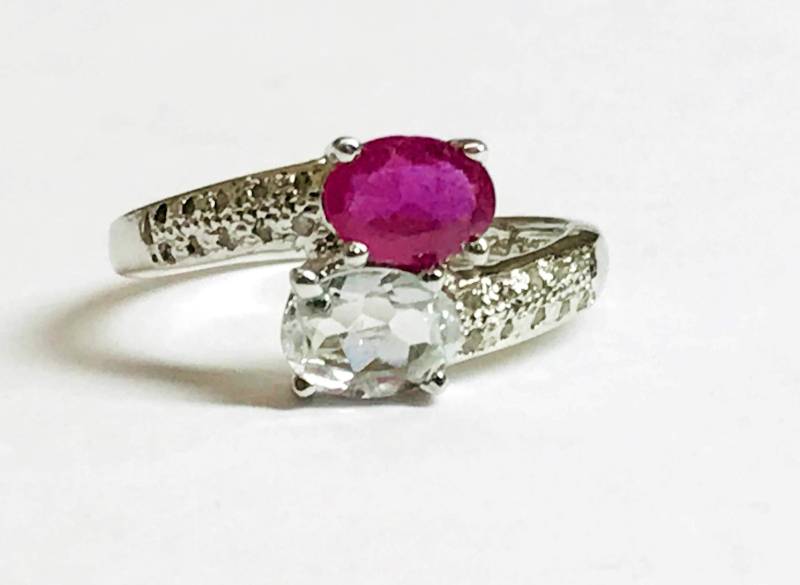 Rubin & Aquamarin Ring Diamant Im Ovalschliff 925 Silber Verlobungsring von NaqshByShradha