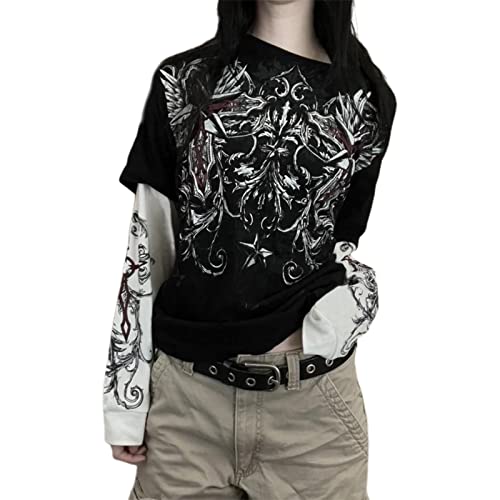 Y2k Fairy Grunge Graphic Langarm Tees Tops Frauen E-Mädchen Ästhetisch Gothic Totenkopf Druck Baggy T-Shirts Emo Kleidung, 0-black Retro Fashion Uiui, Klein von NaranjaBurbuja