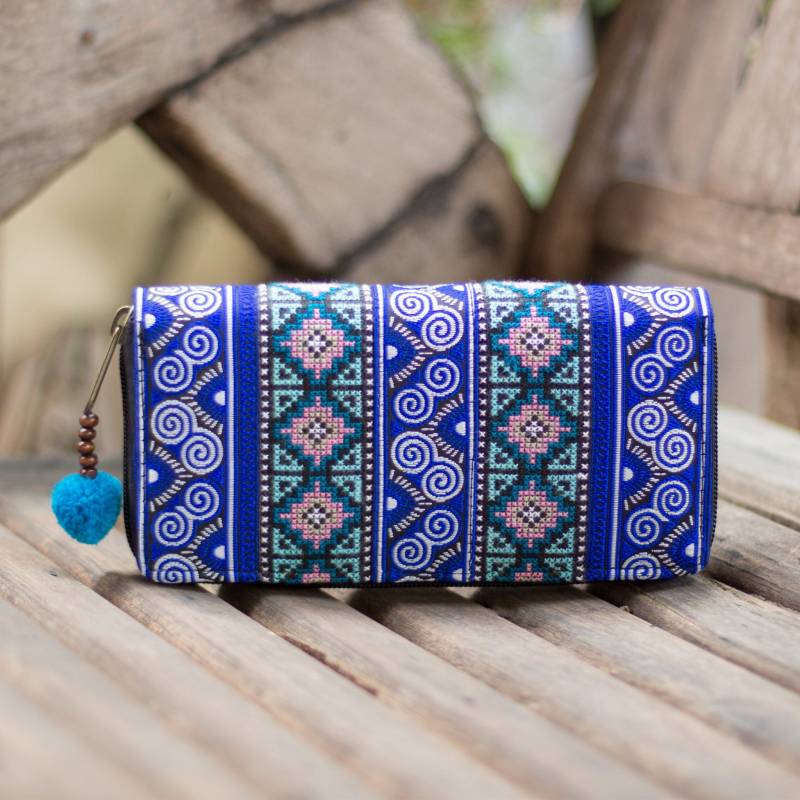 Einzigartige Hmong Hill Tribe Geldbörse Für Frauen Mit Pom Reißverschluss in Blau, Geschenk Frauen, Boho - Wa301Uvblu von NarissaraShop