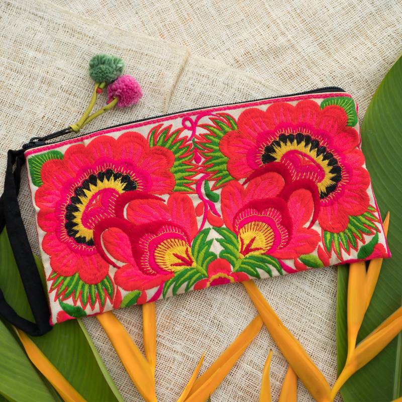 Gelbe Blumen Clutch Bag, Gestickte Hmong Stämme Geldbörse Aus Thailand, Boho Einzigartiges Geschenk - Bg308Florg von NarissaraShop
