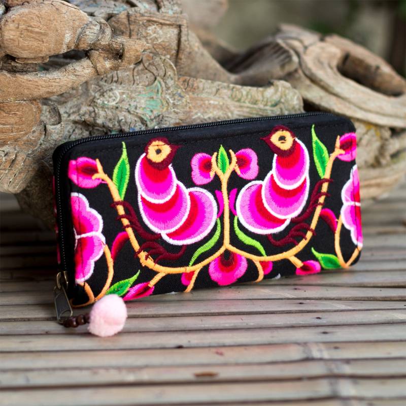 Hmong Hill Tribe Bestickter Geldbeutel/Geldbörse Für Frauen Mit Pom Zip Pull - Wa301Blaw von NarissaraShop